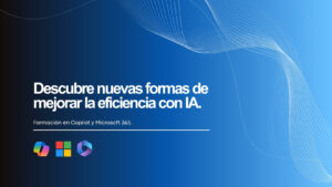 Profesional trabajando con Copilot en Microsoft 365 en portátil; iconos de Outlook, Word, PowerPoint y Excel visibles