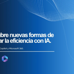 Profesional trabajando con Copilot en Microsoft 365 en portátil; iconos de Outlook, Word, PowerPoint y Excel visibles